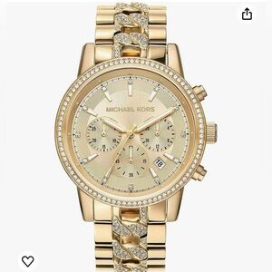 NEW MICHAEL KORS OVERSIZED RITZ GOLD TONE CURB LINK,PAVE CRYSTALS WATCH MK6937